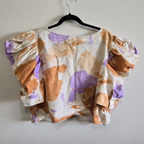 Eloquii Linen Blend Puff Sleeve V Neck Top Cream Orange Lavender Print Size 24 - Picture 9 of 9